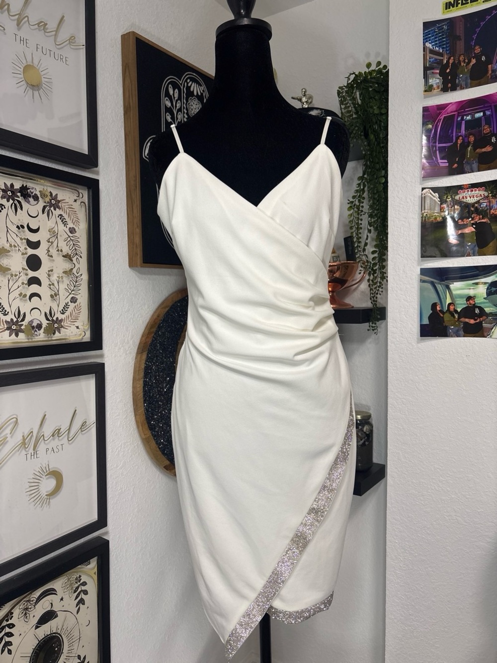 Emerald Sundae white rhinestone asymmetrical trim mini bodycon wrap dress XL